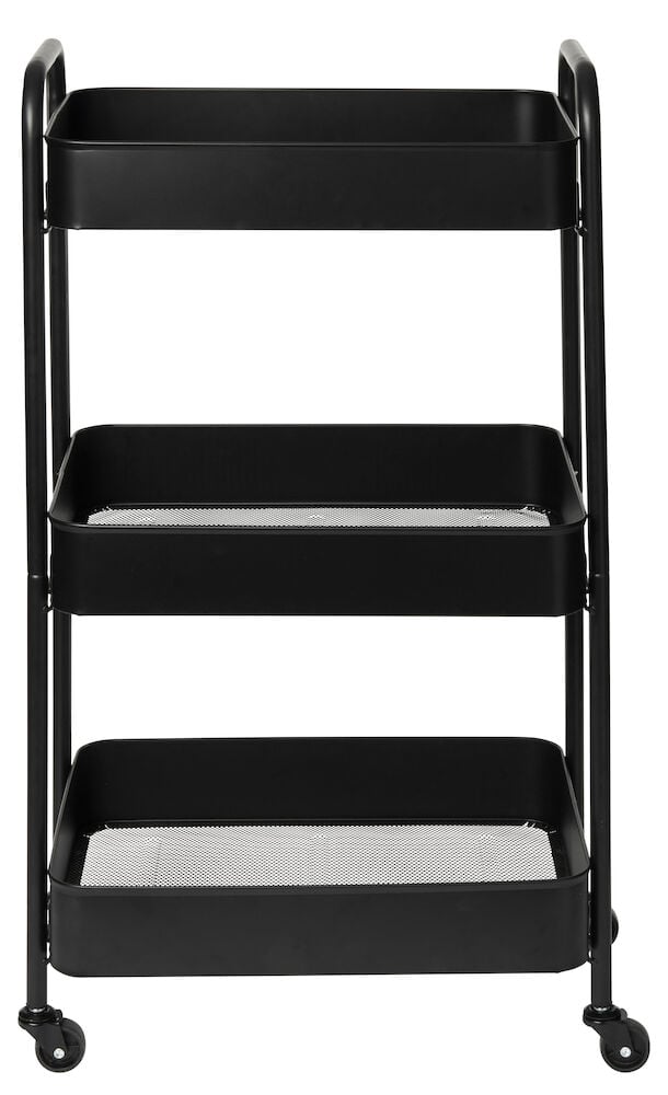 Svart rullvagn med tre hyllor och hjul.