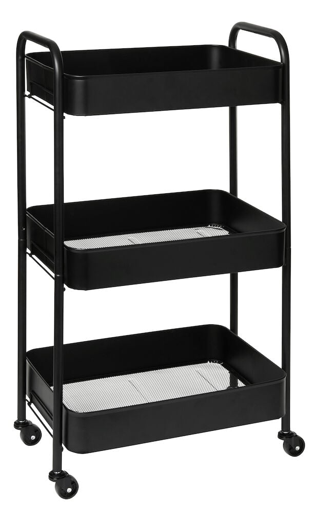 Svart rullvagn i stål med tre hyllplan.