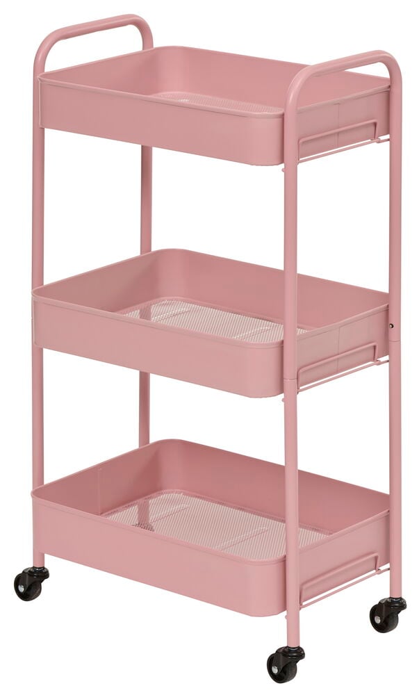Rosa rullvagn med tre hyllor och hjul.