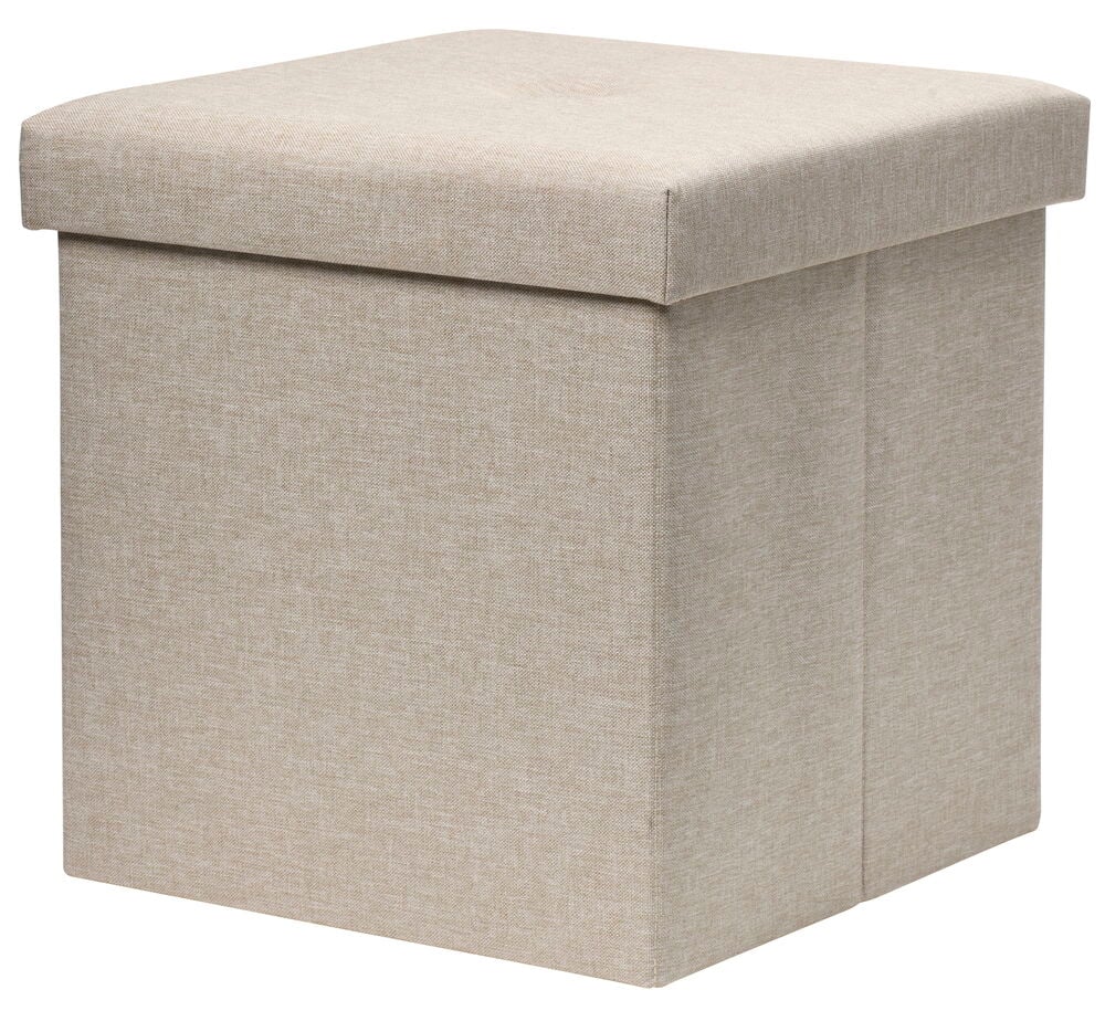 Beige sittpuff med lock och dold förvaring.