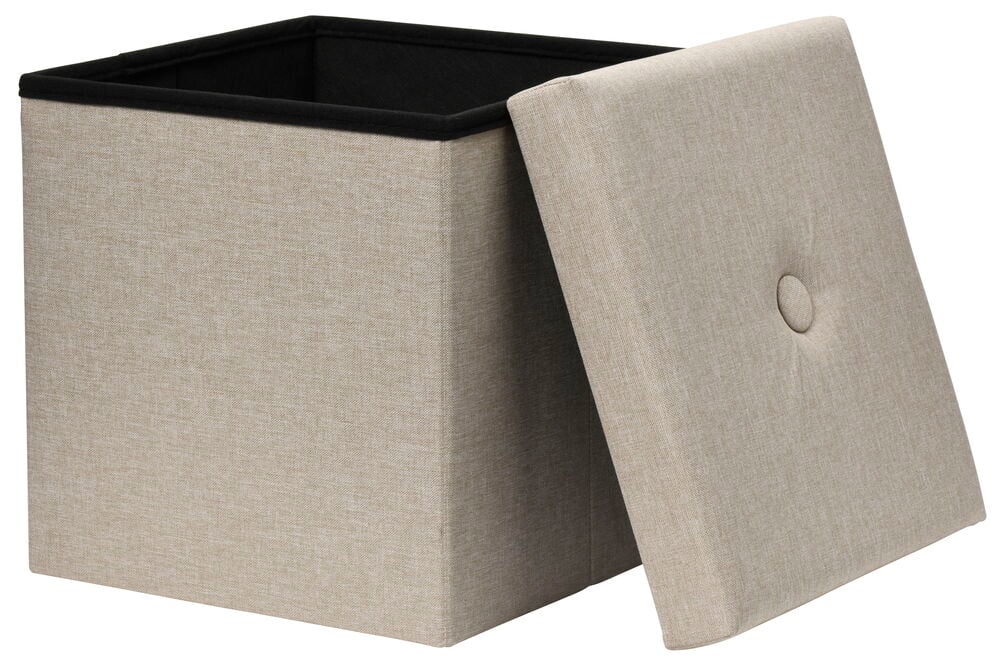 Beige sittpuff med löstagbart lock och förvaring.