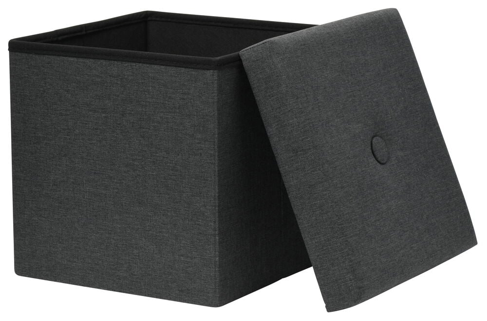 Schwarzer Sitzpouf mit abnehmbarem Deckel und Stauraum.