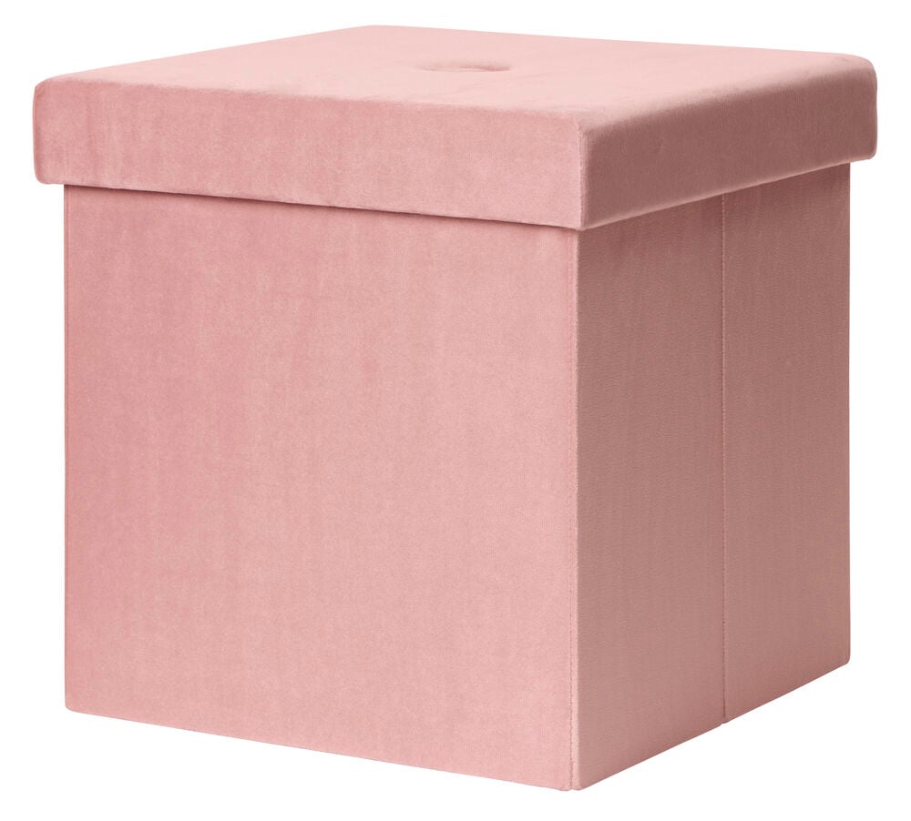 Rosa sittpuff med lock och dold förvaring.