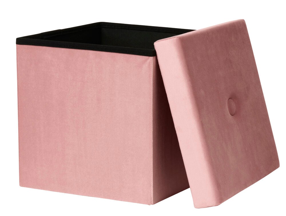 Rosa Sitzpouf mit abnehmbarem Deckel und Stauraum.