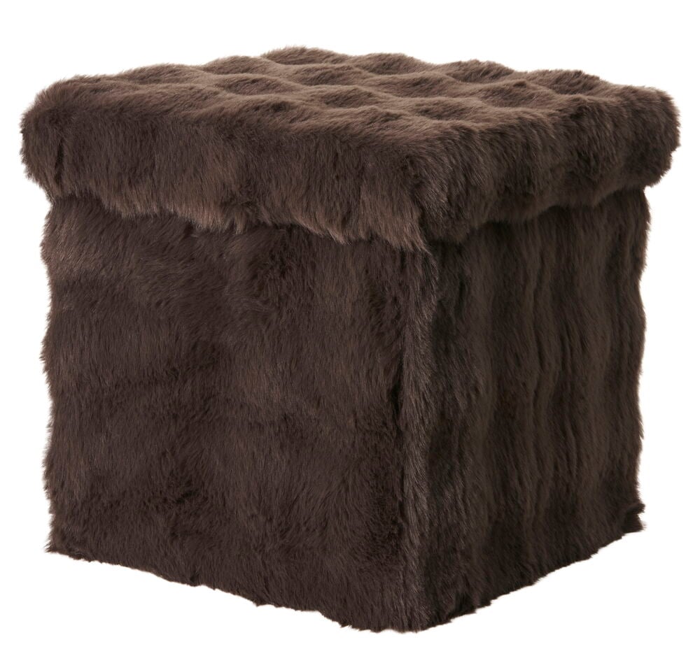 Brun fuskpäls Penny sittpuff med förvaring, kubisk form och tuftad topp.
