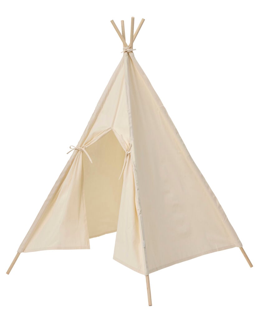 Ljust tipitält för barn med öppen tygdörr.