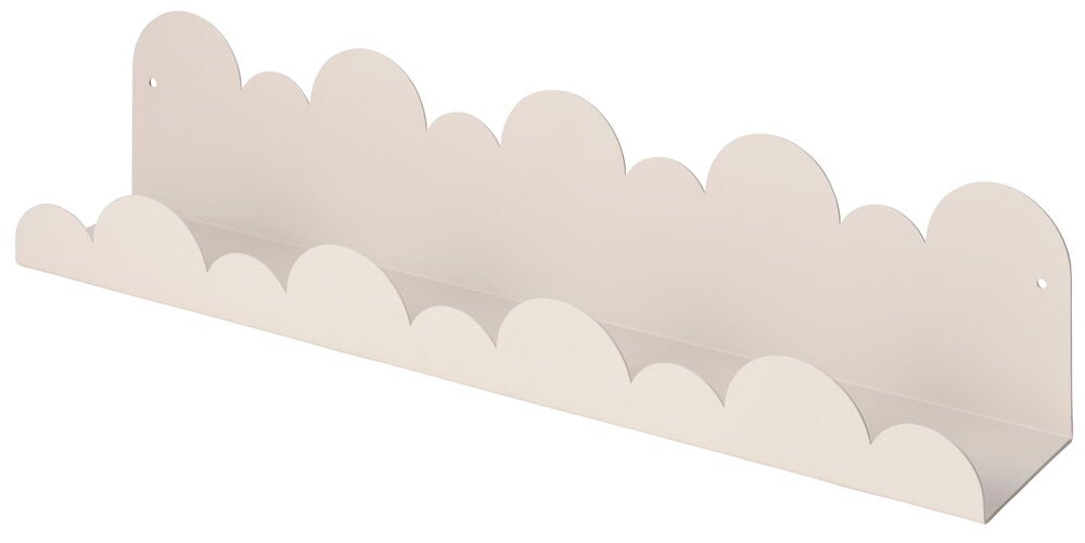 Beige wolkenförmiges Wandregal mit gebogenen oberen und vorderen Kanten und zwei Befestigungslöchern.