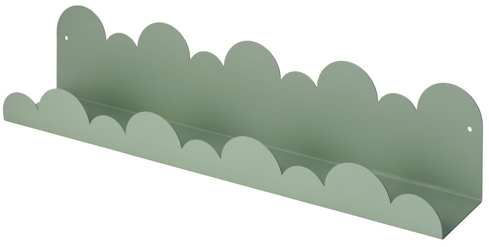 Ein Grünes wolkenförmiges Metall-Wandregal mit zwei Befestigungslöchern.
