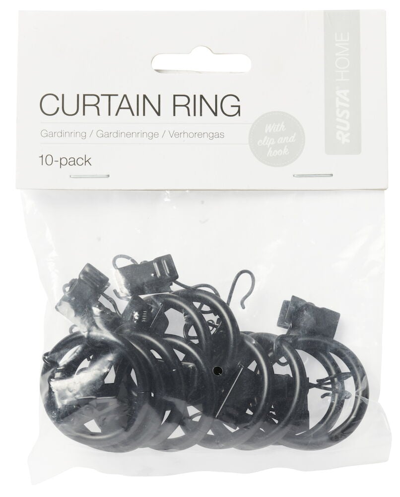 Kymmenen mustaa metalliverhorengasta puristimella.