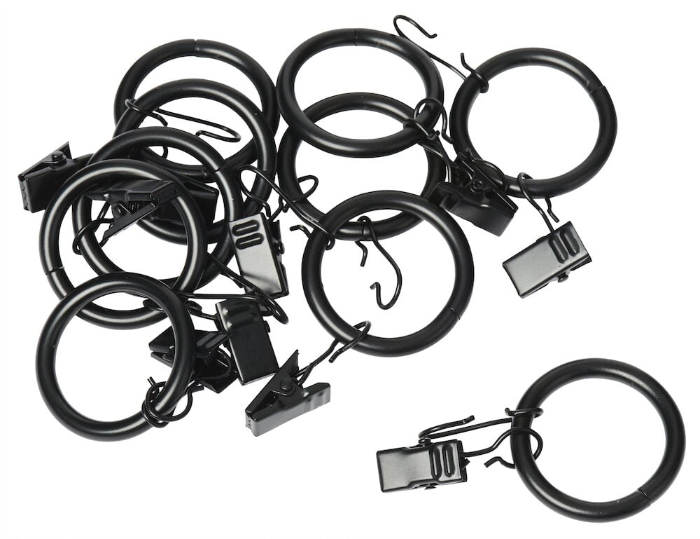 Mustat metalliverhorenkaat, joissa on pidike, kymmenen kappaletta.