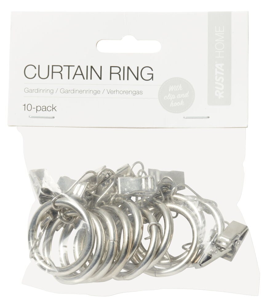 Kymmenen hopeanväristä metallista verhorengasta pakkauksessa.