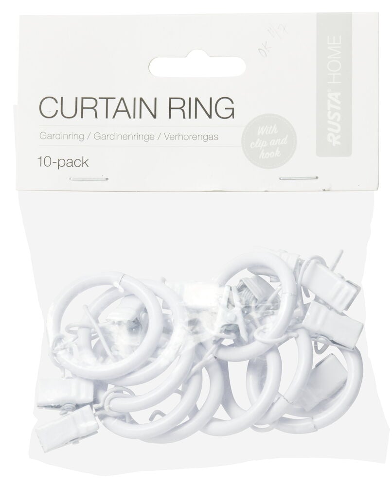 Kymmenen valkoista verhonrengasta muovipakkauksessa.