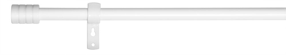 Vit justerbar gardinstång med dekorativ ändknopp.