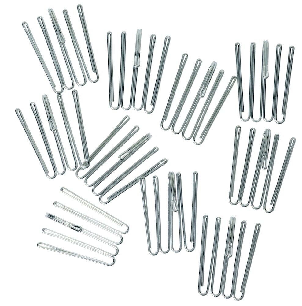 Tio silverfärgade gardinkrokar av stål.