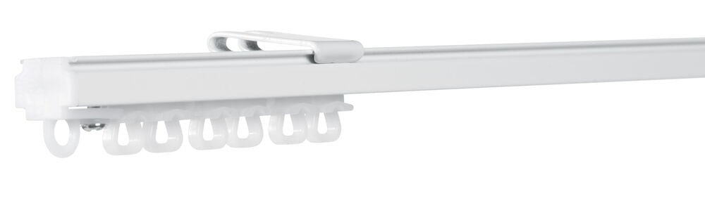 Vit takmonterad gardinskena med flera små glid.