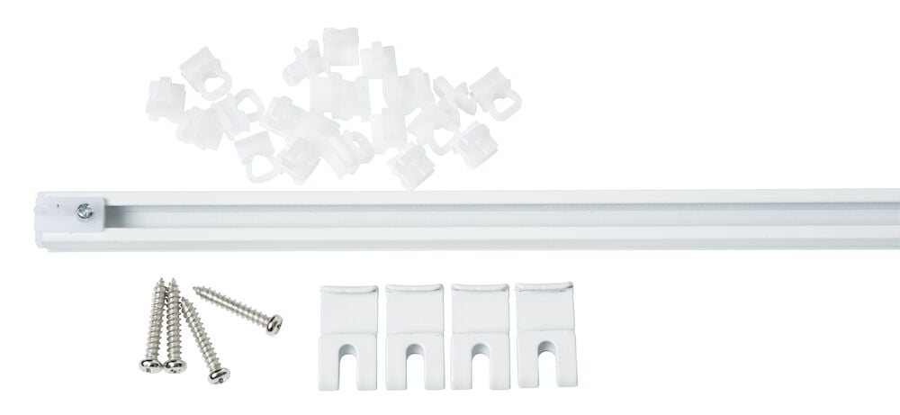 Weiße U-Schiene für Vorhang mit Beschlag und Gleitern.