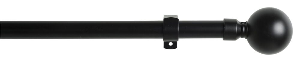 Musta verhotanko pyöreällä päätynupilla ja seinäkiinnityksellä.