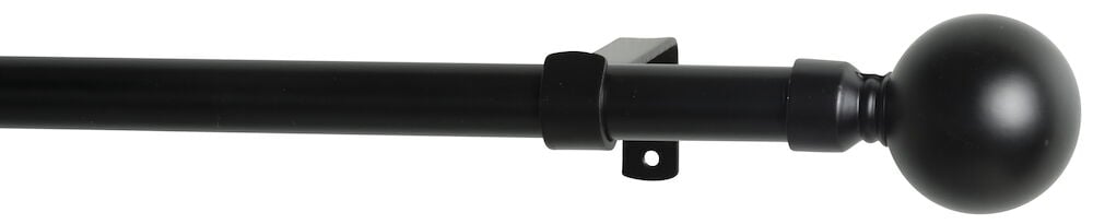 Schwarze Gardinenstange aus Stahl mit rundem Endknopf.