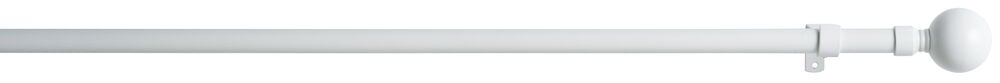 Valkoinen säädettävä verhotanko, jossa pyöreä päätynuppi.