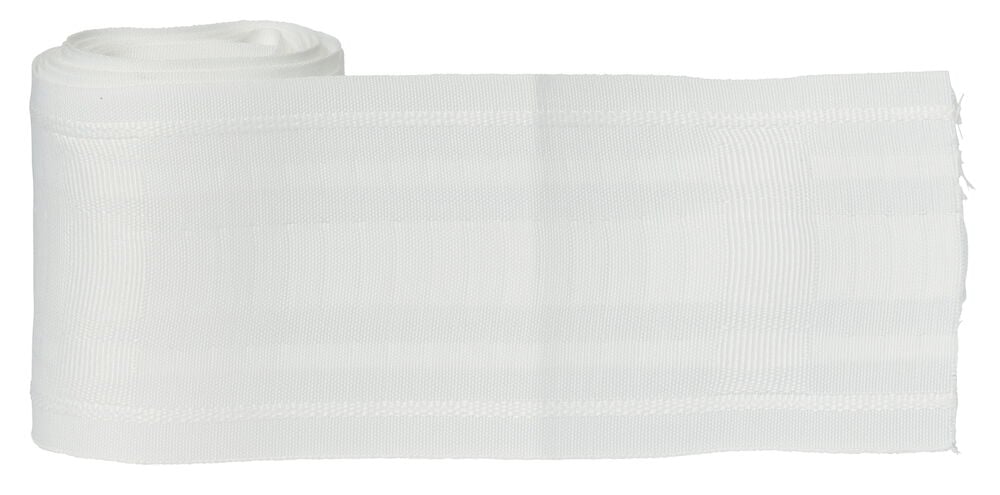 Vit multiband gardin i polyester, rullad och utvikt.