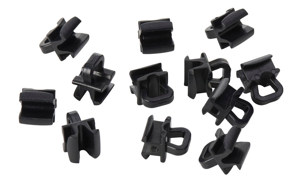 Hajallaan mustia muovisia verhon U-kiskon liukukiskoja, 12 kpl pakkaus.