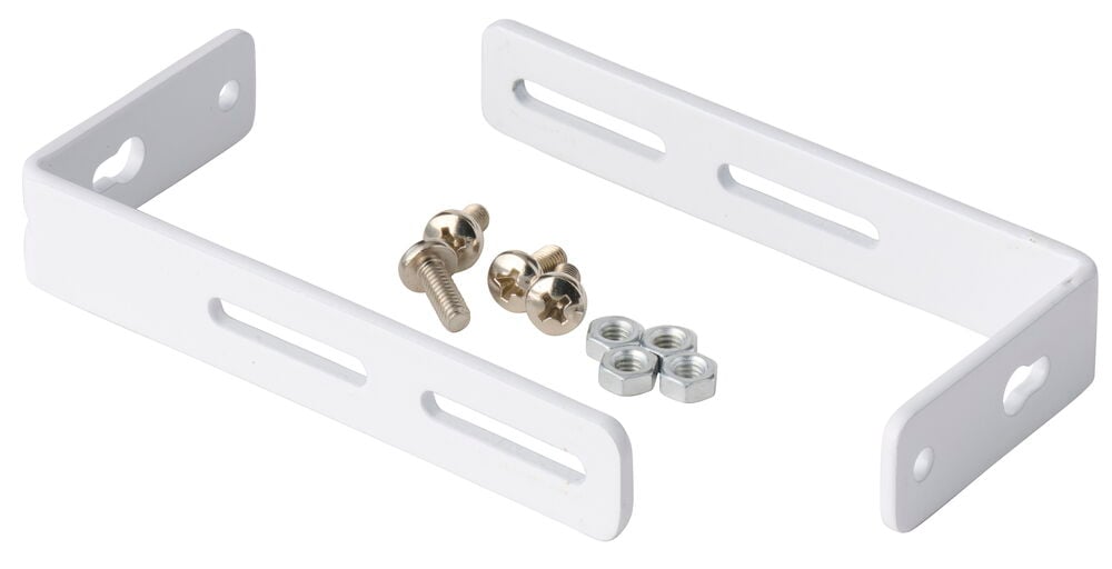 Dubbelt väggfäste till U-skena, två vita L-formade metall, med fem metallskruvar och fyra muttrar.