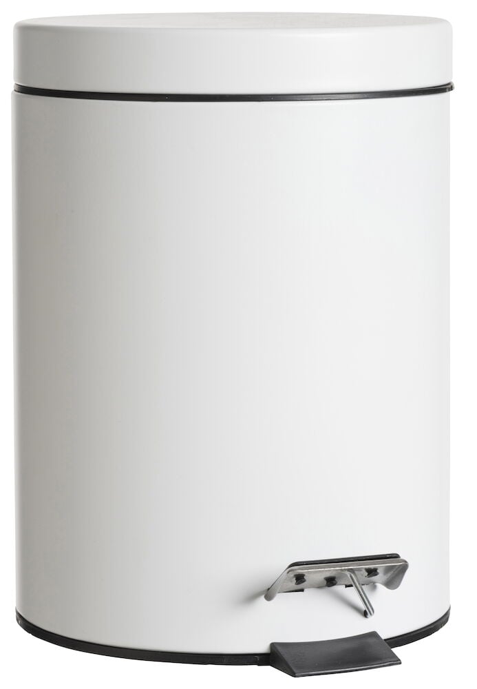 Valkoinen poljinroskis kannella ja polkimella kylpyhuoneeseen.