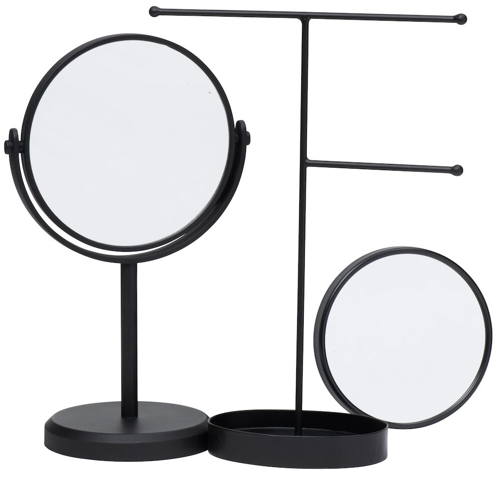 Rund badrumsspegel på stativ med svart ram.