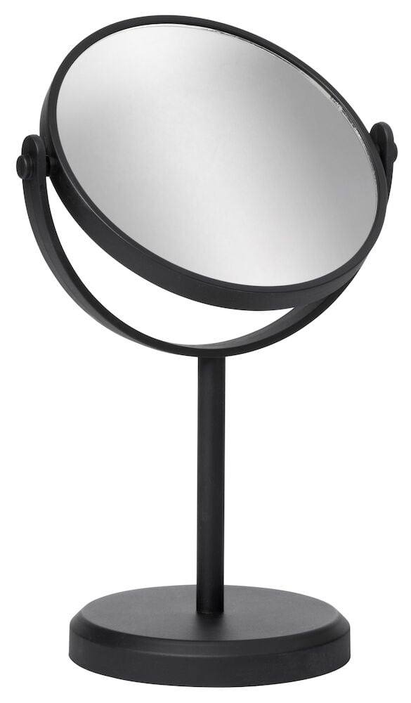 Pyöreä itsenäinen peili mustalla jalustalla ja kehyksellä.