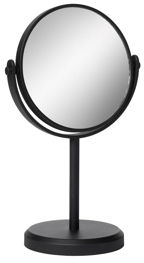 Svart badrumsspegel på stativ med rund spegelyta.