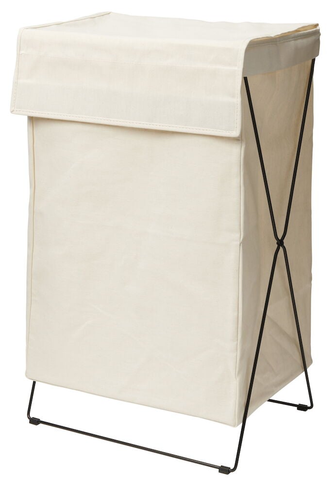Beige taitettava pyykkikori mustalla metallirungolla.