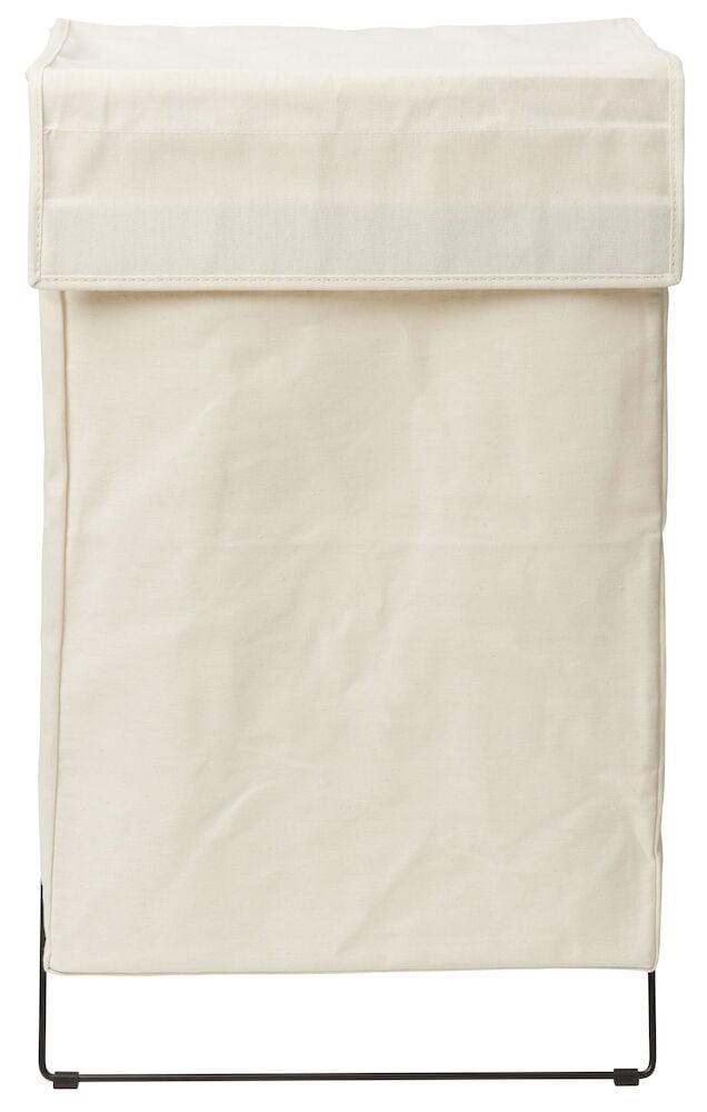 Beige tvättkorg i tyg med hopfällbart stativ.