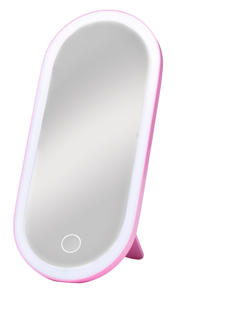 Rosa Schminkspiegel mit LED-Beleuchtung und Stativ.