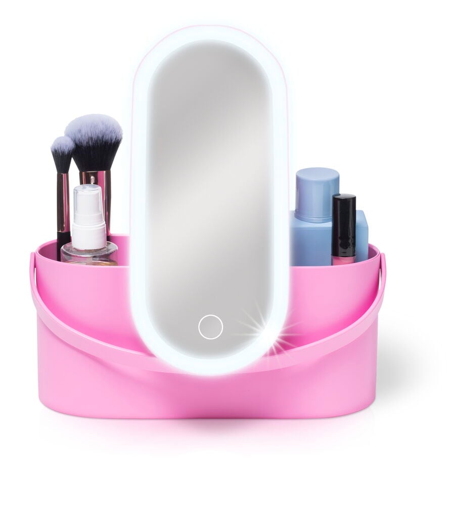 Rosa sminkväska med spegel och LED-belysning.