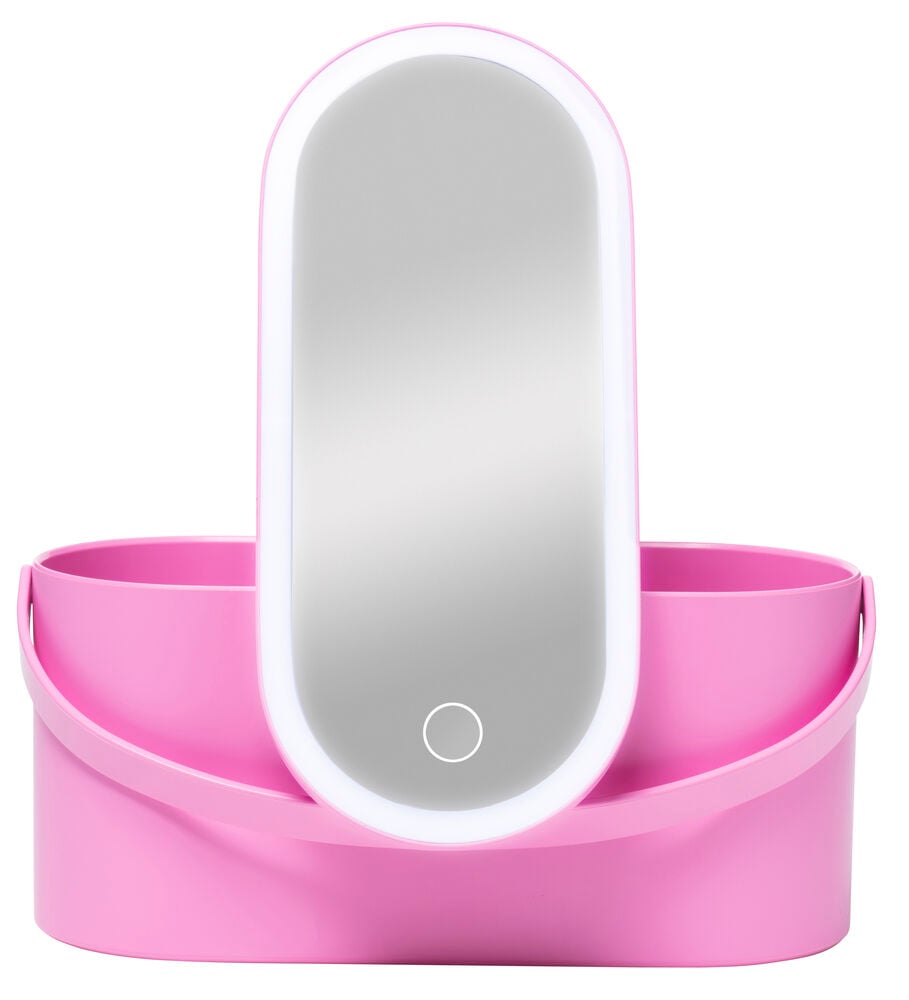 Rosa Schminkbox mit LED-Spiegel und weißer Beleuchtung.