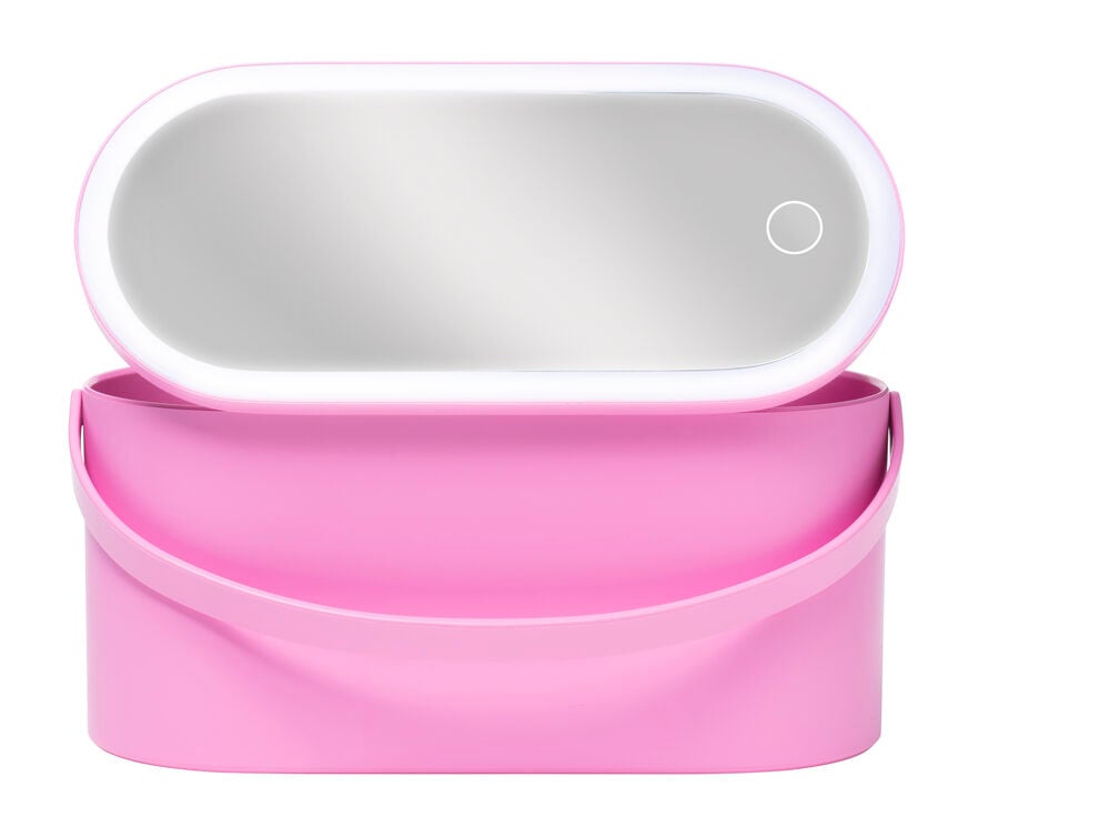 Rosa Beauty-Box mit Spiegel und LED-Beleuchtung.