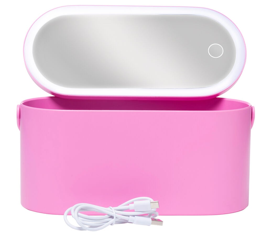 Rosa Schminkbox mit Spiegel und LED-Beleuchtung.