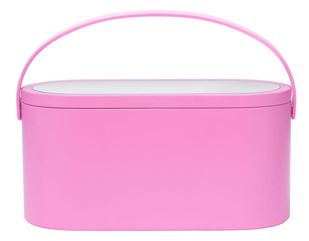 Rosafarbene Schminkaufbewahrungsbox mit Griff und Deckel.