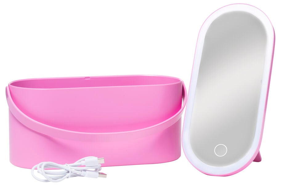 Rosa Schminkbox mit LED-Spiegel und USB-Kabel.