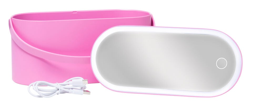 Rosa Beautybox mit Spiegel und USB-Kabel.