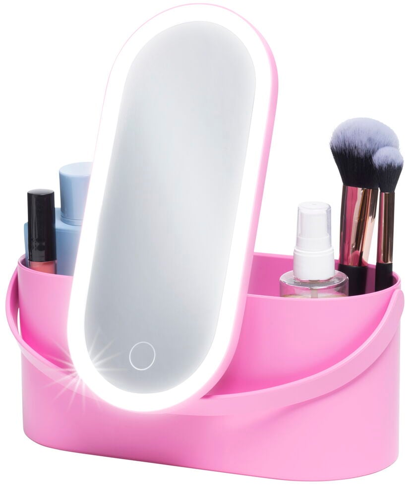 Rosa Schminkbox mit Spiegel und LED-Beleuchtung.