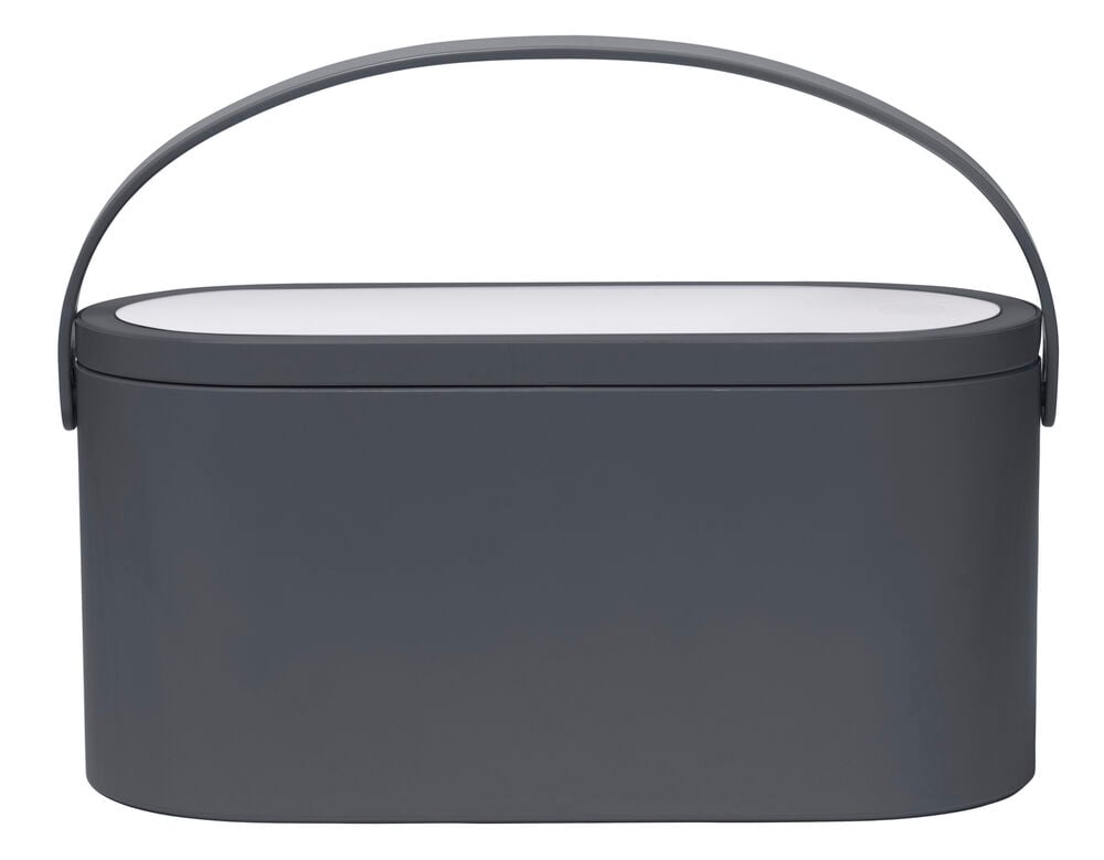 Grå rektangulär sminkförvaringsbox med bärhandtag.