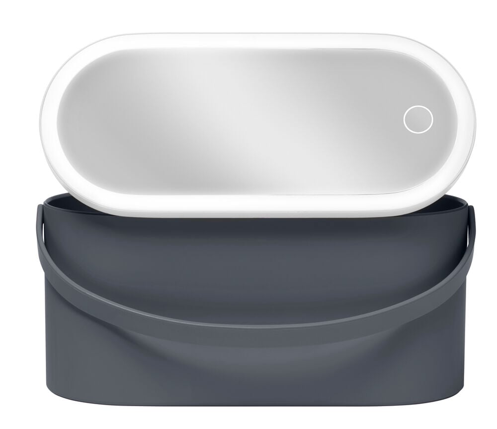 Graue Schminkbox mit Spiegel und LED-Beleuchtung.