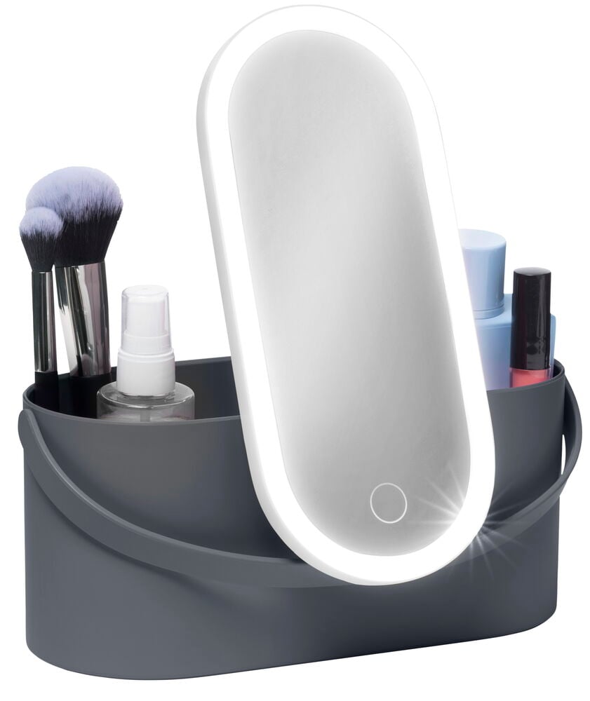 Graue Beauty-Box mit Spiegel und LED-Beleuchtung.