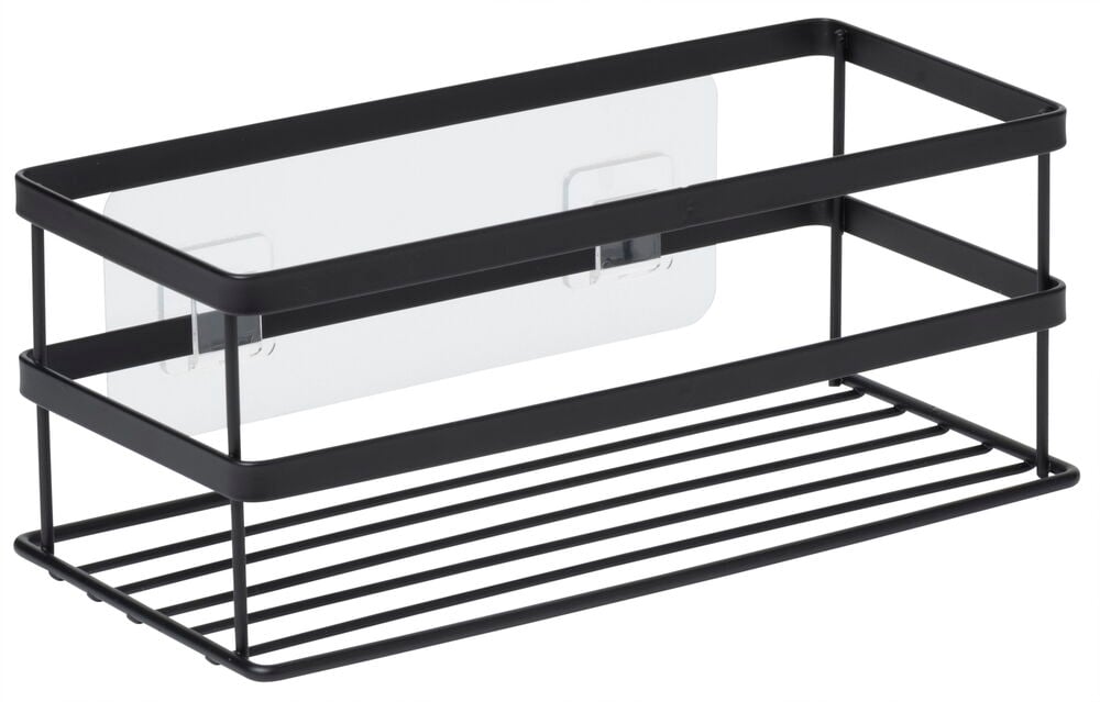 Svart självhäftande duschkorg i metall utan innehåll.