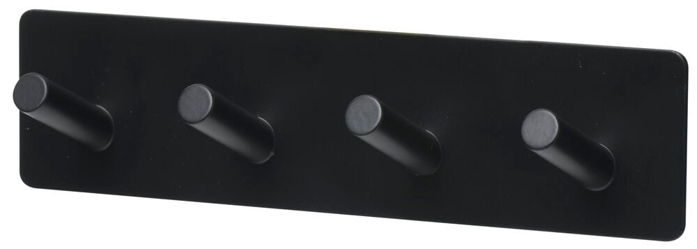 Svart självhäftande kroklist med fyra krokar.