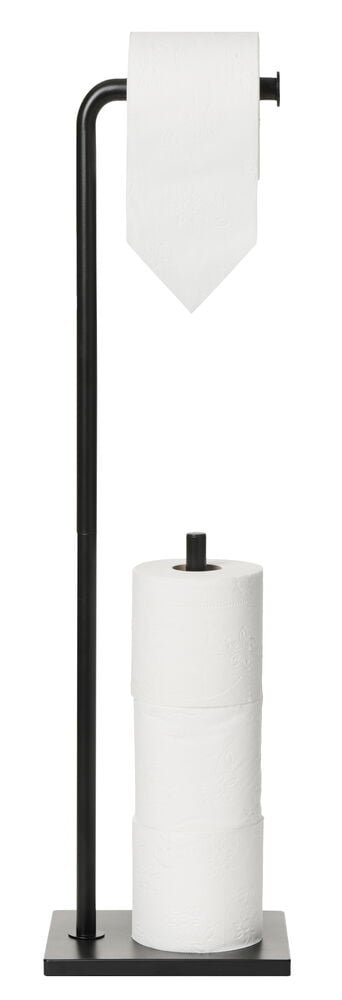 Svart stående toalettpappershållare med extra toalettrullar.