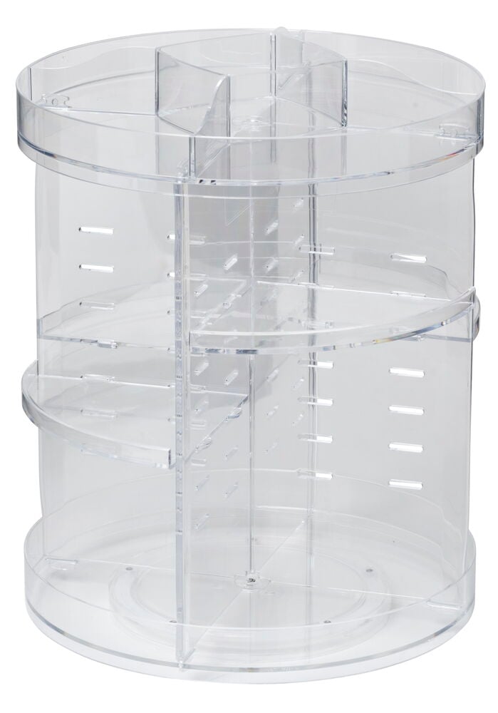 Rund transparent roterande förvaring med justerbara hyllor.