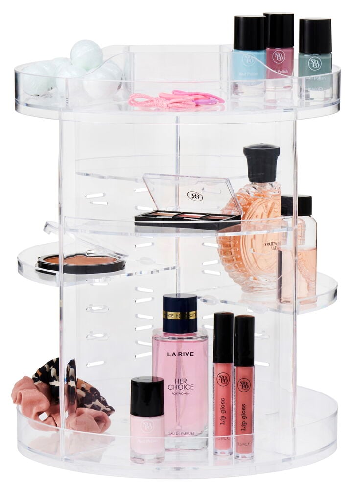 Roterande transparent förvaring fylld med smink och accessoarer.