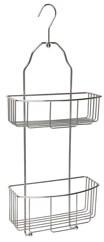 Ripustettava krominen suihkukori, jossa on kaksi hyllyä.